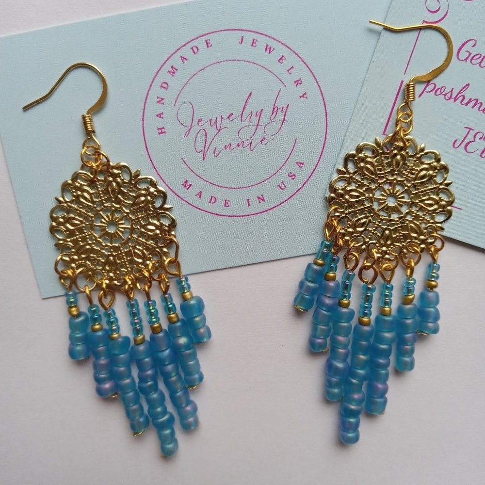 Hand Crafted Gold and Blue Earrings